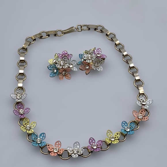 Vintage 50s Pastel Filigree Floral Necklace and Earring  Set - Picture 7 of 16